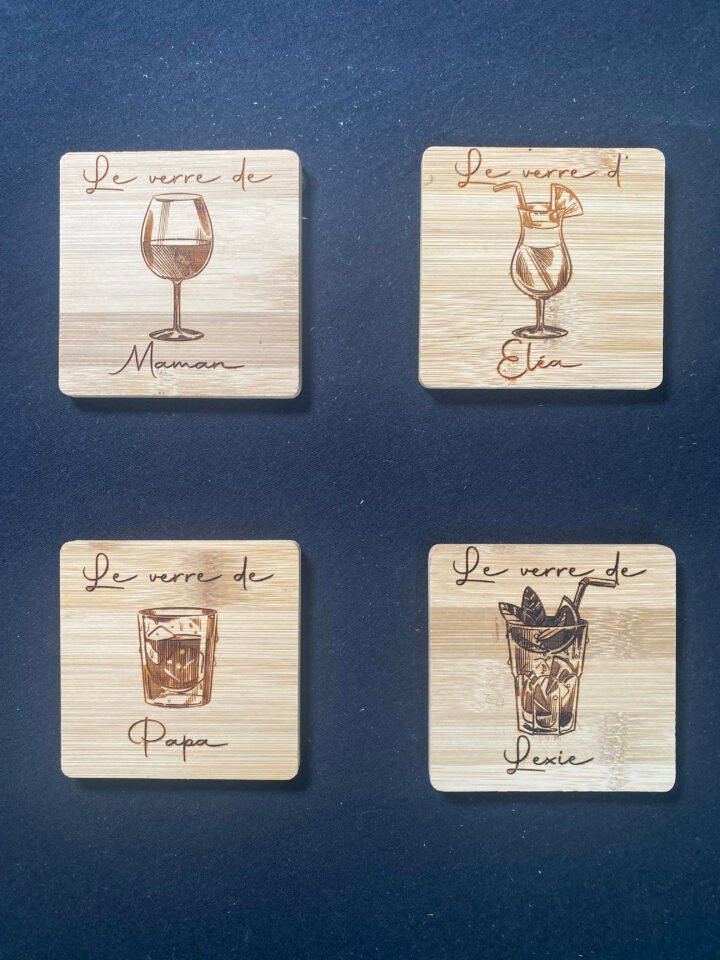 Gravure sur sous-verre en bambou (4 pièces) "Personnalisé"