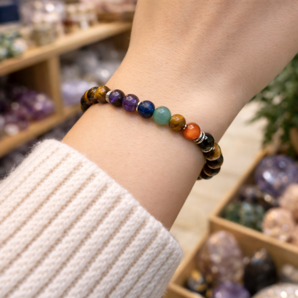 BRACELET BOULE 06MM 7 CHAKRAS + OEIL DE TIGRE A