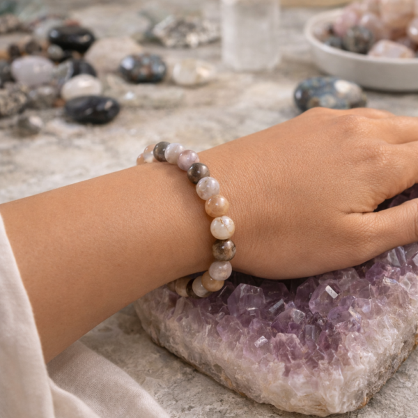 BRACELET BOULE 08MM AGATE PLUME B