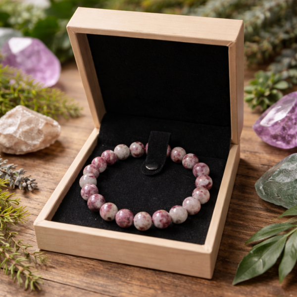 BRACELET BOULE 10MM TOURMALINE ROSE SUR QUARTZ A+ (+ECRIN)